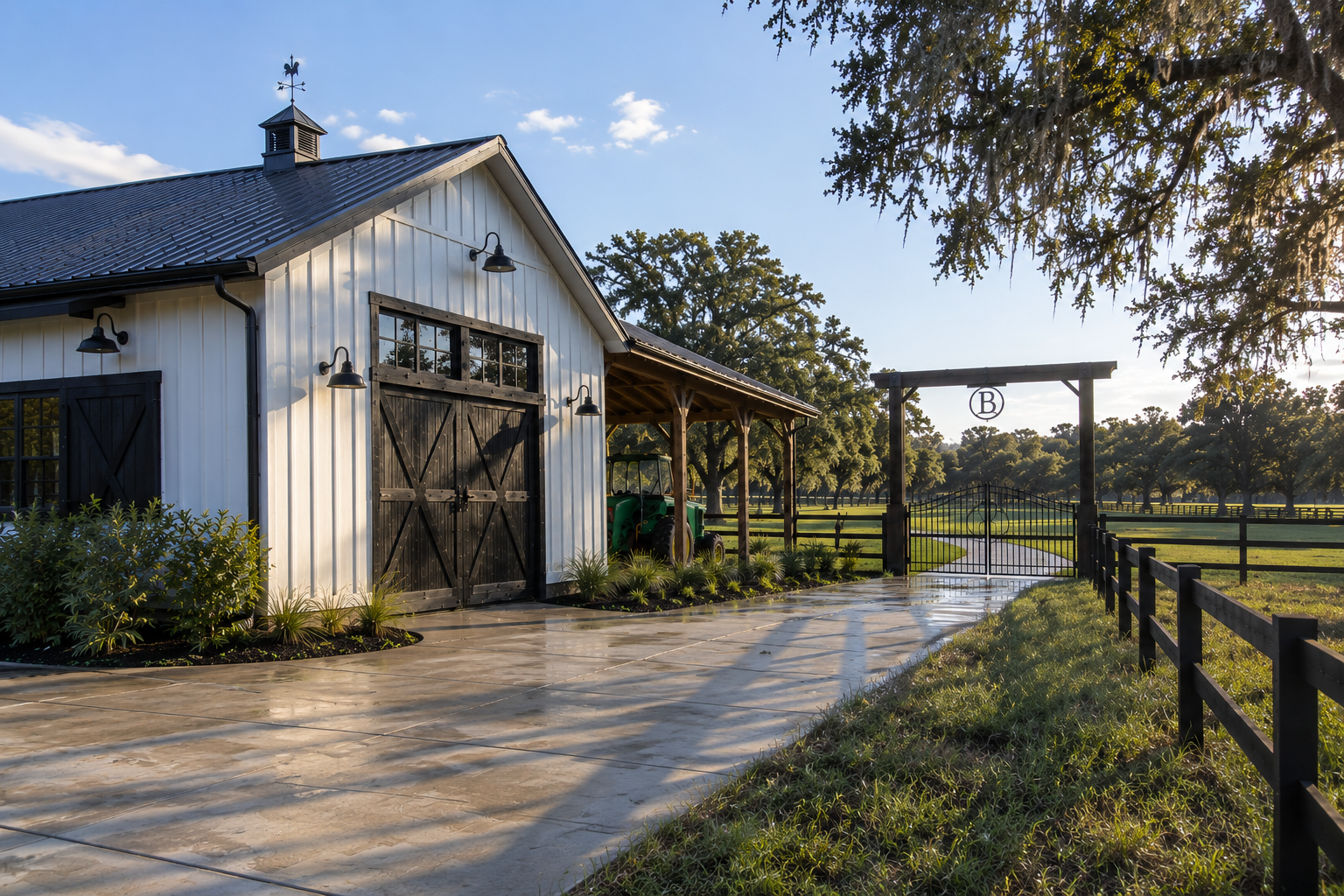 Sunlit White Barn and Farm Gate