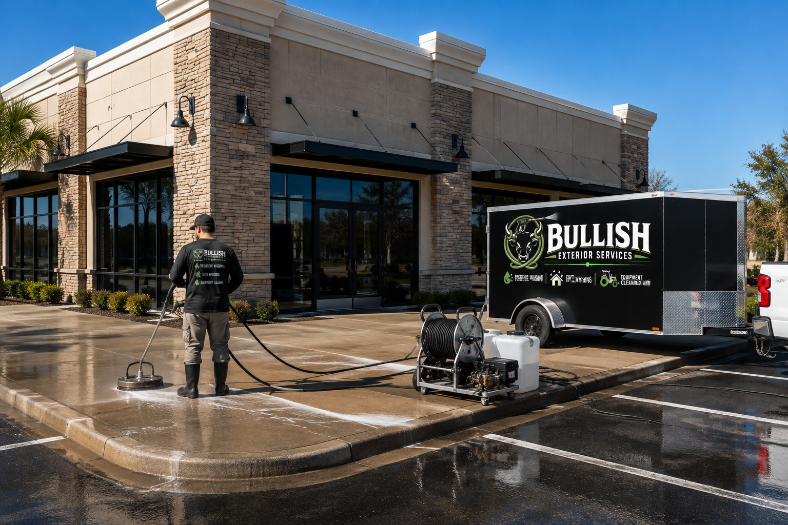 Commercial exterior cleaning at a business property in Highlands County, Florida