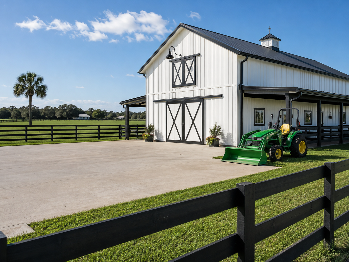 Clean barn and tractor on a ranch property in Highlands County, Florida
